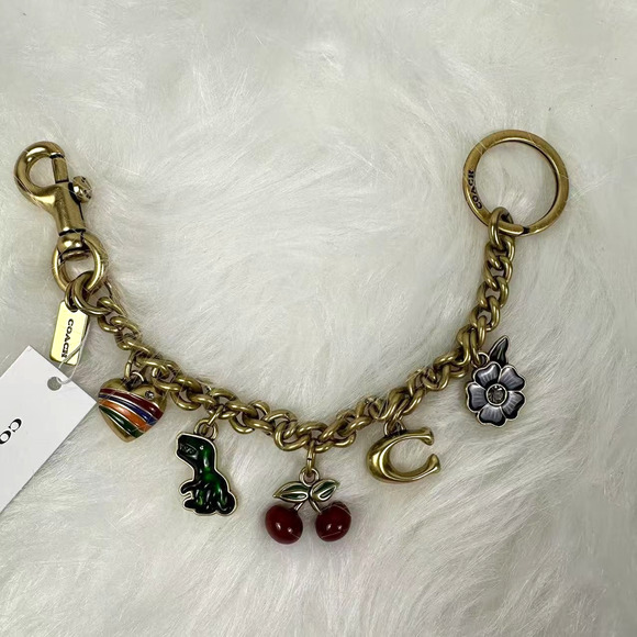 Coach Motif Chain Bag Charm In Metal/Brass/Multi Heart Cherry C CN119 NWT - Picture 2 of 7
